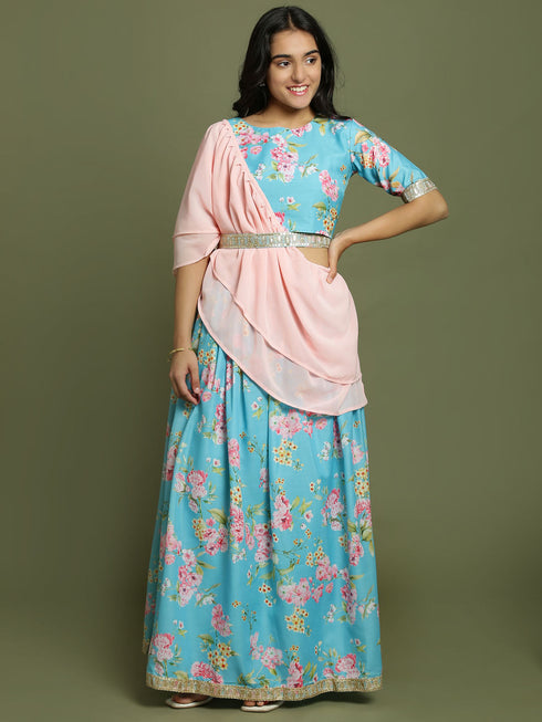 Girl's Aqua Blue Floral Print Crop Top & Lehenga Set With Dupatta